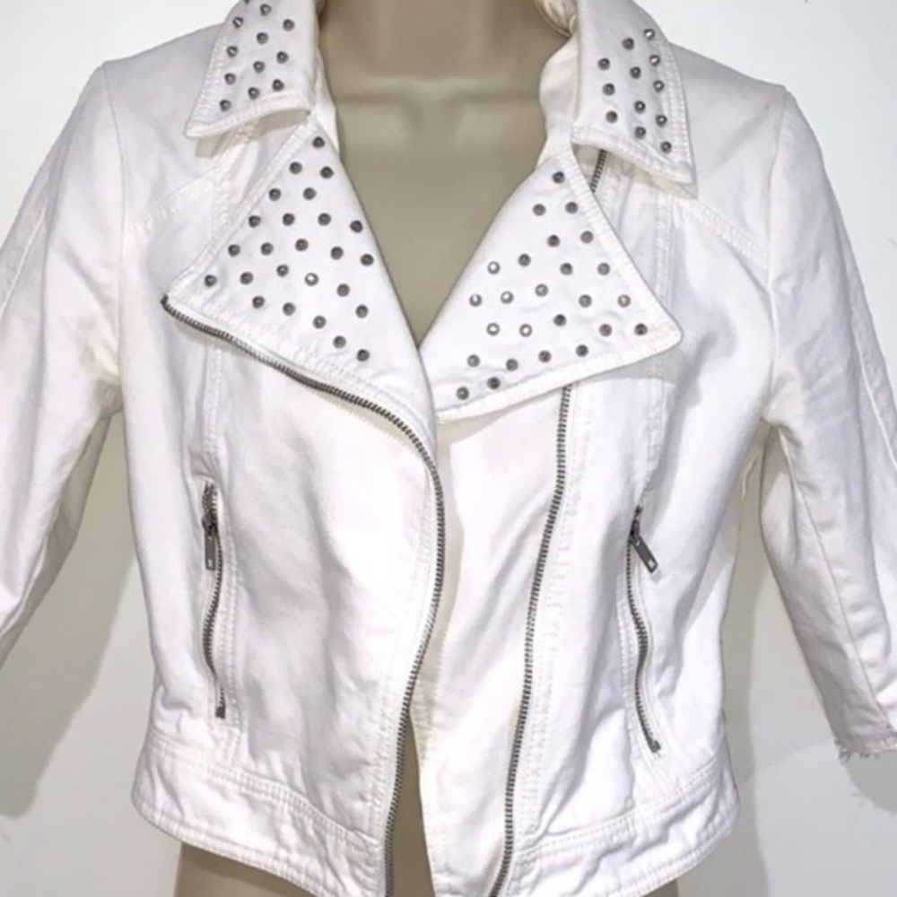 H&M White Denim Studded Moto Jacket Edgy 3/4 Sleeves